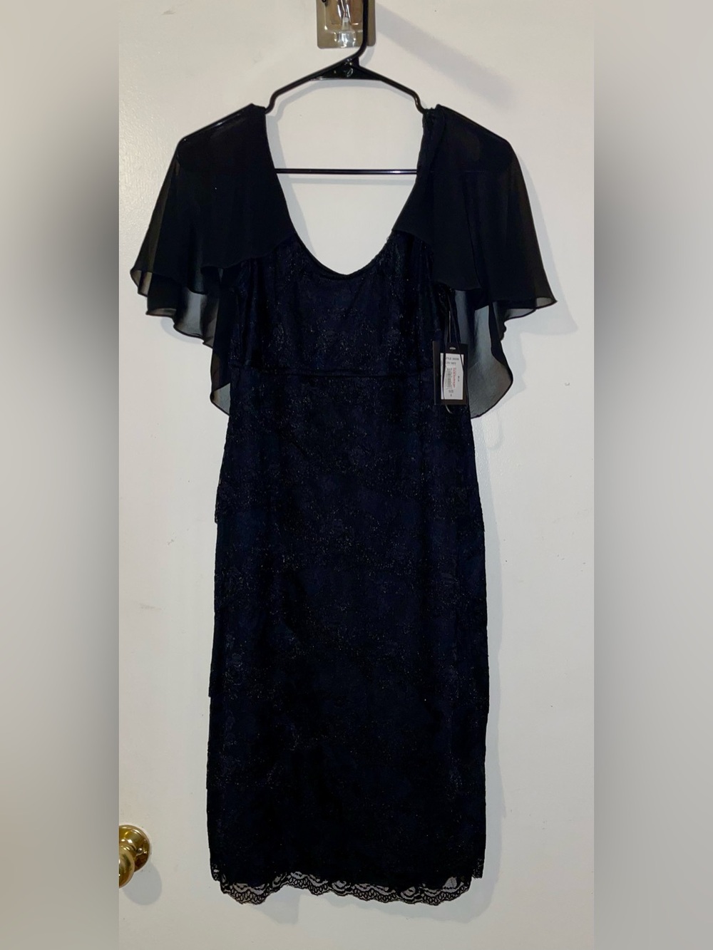 MARINA Black Lace Midi Dress with Sheer Capelet
